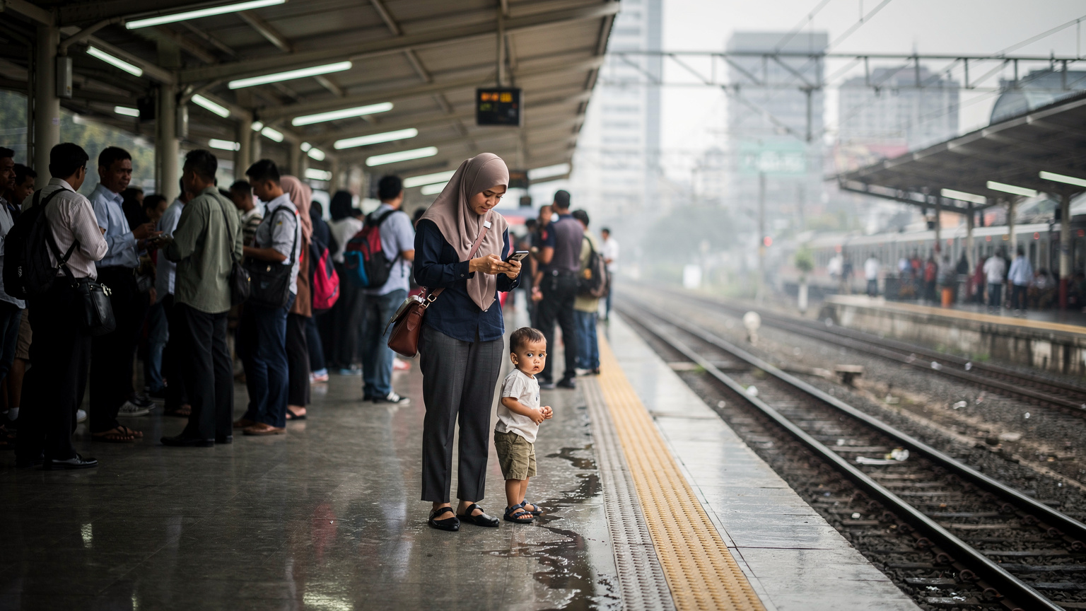 Suasana ruang tunggu kereta commuter di Stasiun Manggarai, Jakarta, pagi hari, para penumpang memeriksa ponsel masing-masing