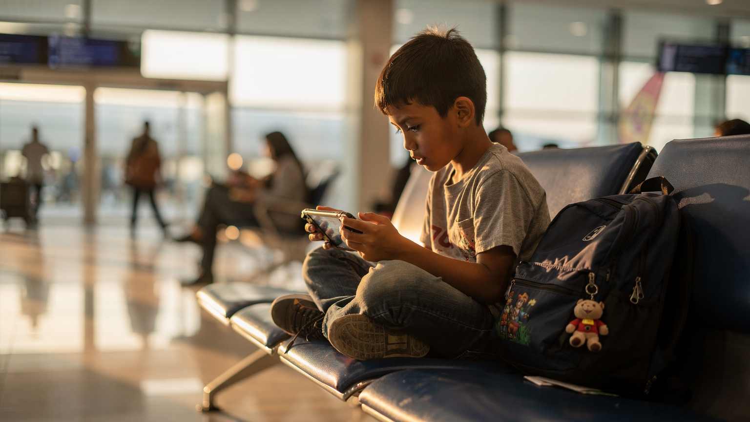 Seorang anak laki-laki memegang Nintendo Switch di pangkuannya di ruang tunggu bandara Soekarno-Hatta, Tangerang