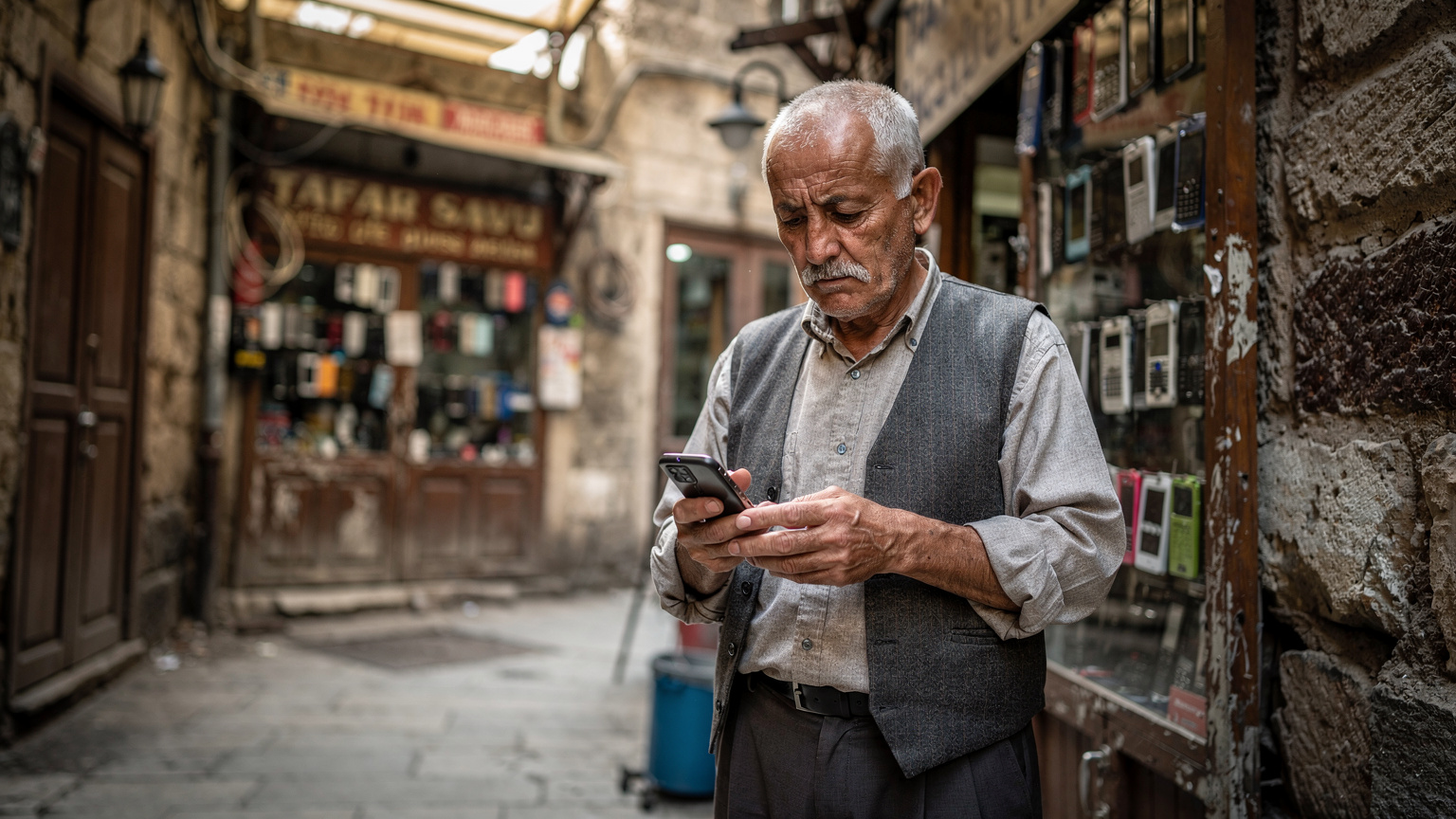 Kapalı Çarşı'nın daha az bilinen, eski bir ara sokağında, eski model cep telefonu dükkanının vitrininin önünde duran, yaşlı bir Türk adamın portre çekimi. Elinde eski bir telefon tutuyor ve ekrana dalgınca bakıyor, üzerinde geleneksel bir yelek var.