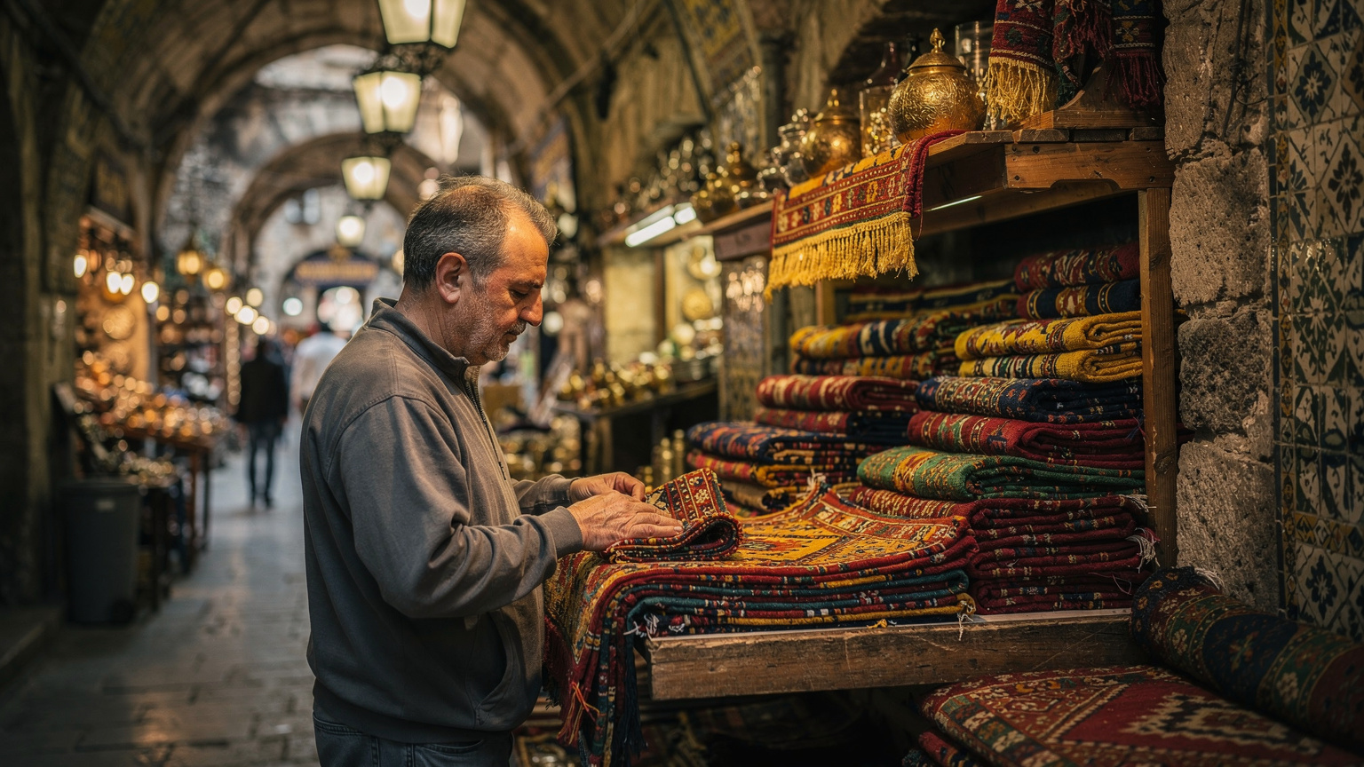 İstanbul Kapalı Çarşı'nın kalabalık ve dar sokaklarından birinde, renkli el dokuması kumaşlarla dolu tezgahının başında duran bir esnaf, kumaşları düzenlerken. Arka planda tarihi taş duvarlar ve Çarşı'nın karakteristik atmosferi görülebiliyor.