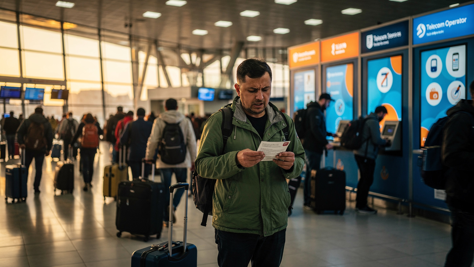Aankomsthal van Zvartnots luchthaven met reizigers en verlichte balies