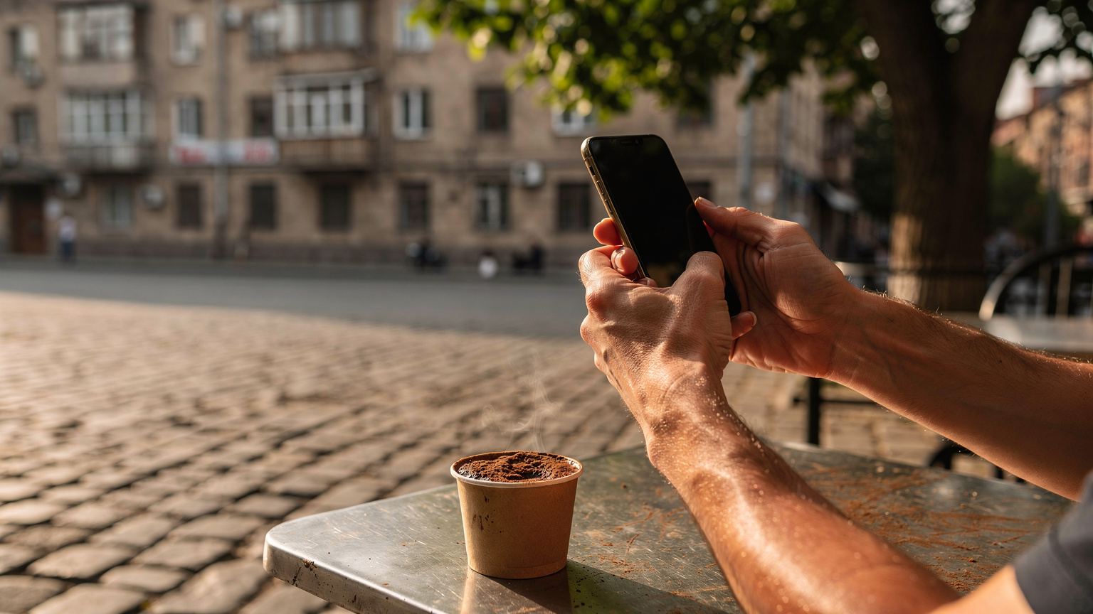 Handen die een telefoon vasthouden bij een koffietentje op het Sarianstraat-plein
