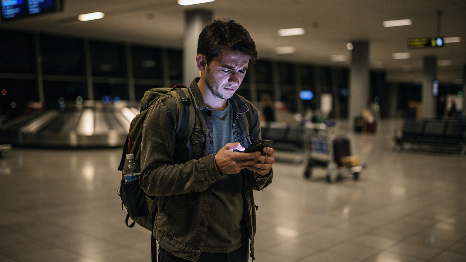 A traveler cautiously looking at their phone screen with a concerned expression, standing in a dimly lit, empty airport terminal at night, with baggage carousels in the background.