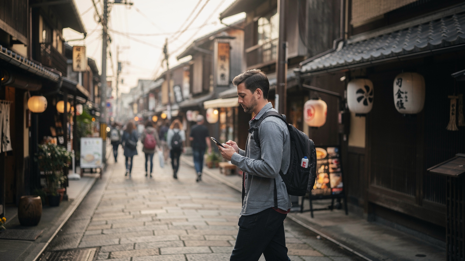 A traveler using a mapping app on their phone while navigating a bustling street in Kyoto, Japan, with traditional wooden buildings and lanterns in the background.