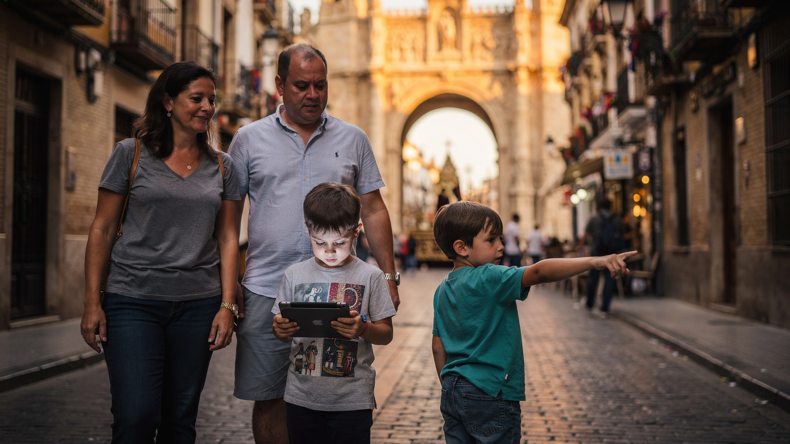 A family, including two adults and two children, navigating a busy, narrow pedestrian street in Seville, Spain, during a Semana Santa procession, with a historic archway in the background.