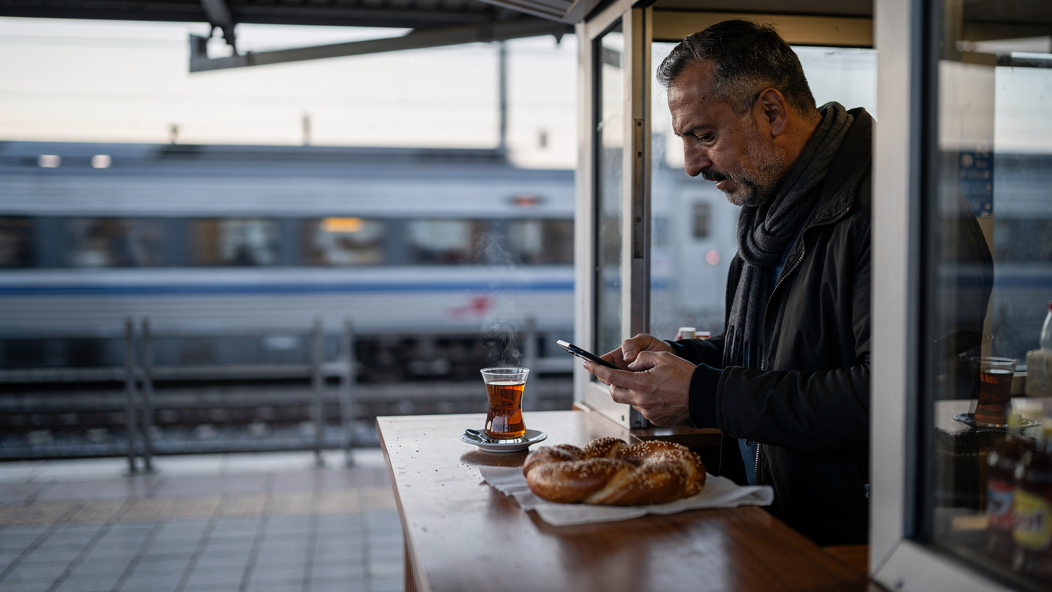 Bir tren istasyonunda, perondaki bir büfeden çay ve simit alan orta yaşlı bir adamın yakın çekimi. Adamın elinde telefonunu tuttuğu görülüyor, ancak ekran yerine yiyecek ve içeceğe odaklanılmış. Arka planda hareket halindeki bir trenin silüeti hafifçe seçiliyor. Sabahın erken saatleri, hafif doğal ışık.