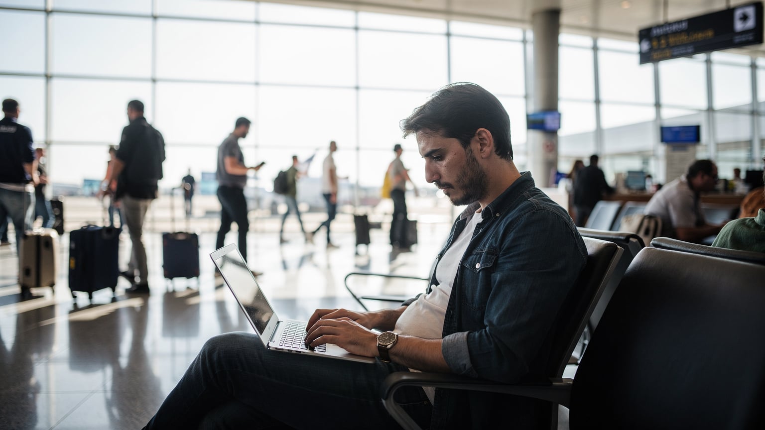 Antalya Havalimanı Dış Hatlar terminalinde bir yolcu, uçağa binmek üzereyken dizüstü bilgisayarını açmış, son bir e-posta gönderiyor. Etrafta koşturan diğer yolcular ve bekleme salonunun hareketliliği, kişinin konsantrasyonunu bozuyor gibi. Gün ortası ışığı terminalin büyük camlarından içeri giriyor, yumuşak bir aydınlatma sağlıyor.
