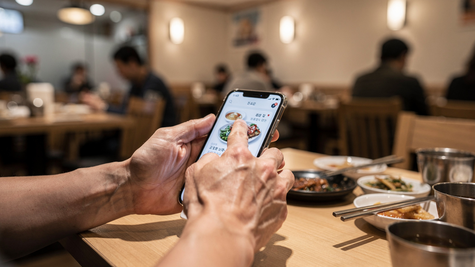 A close-up shot of a traveler's hands scrolling through a food delivery app on a smartphone, with a blurred backdrop of a Korean restaurant interior, showing the interaction with the device.