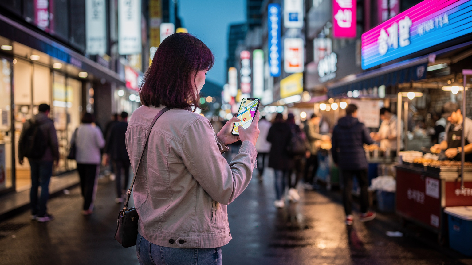 A traveler uses a navigation app on their phone to find their way through the bustling streets of Myeongdong, with neon signs and storefronts creating a vibrant backdrop.