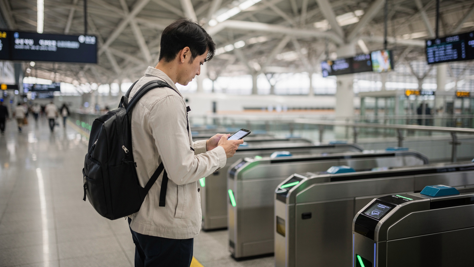 A traveler stands at a KTX train ticket gate at Seoul Station, looking at a digital ticket on their phone, surrounded by the modern architecture of the station concourse, with other travelers moving around.