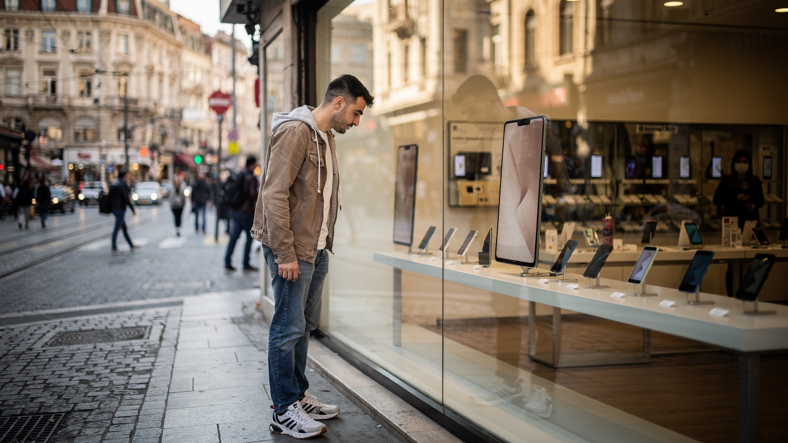 İstanbul'da bir akıllı telefon dükkanının önünde, vitrindeki telefon modellerini inceleyen bir kişi. Yansımalardan dolayı telefon ekranları görünmüyor, sadece dış yüzeyleri ve markalar seçilebiliyor.