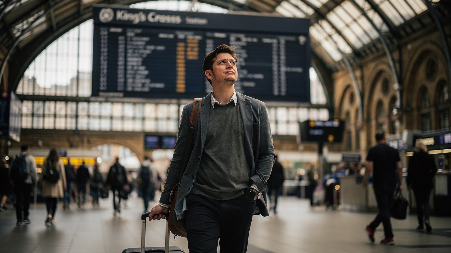 Ein Reisender am Bahnhof King's Cross in London, der auf eine Anzeigetafel blickt, während sein Smartphone unaufmerksam in seiner Hosentasche steckt.