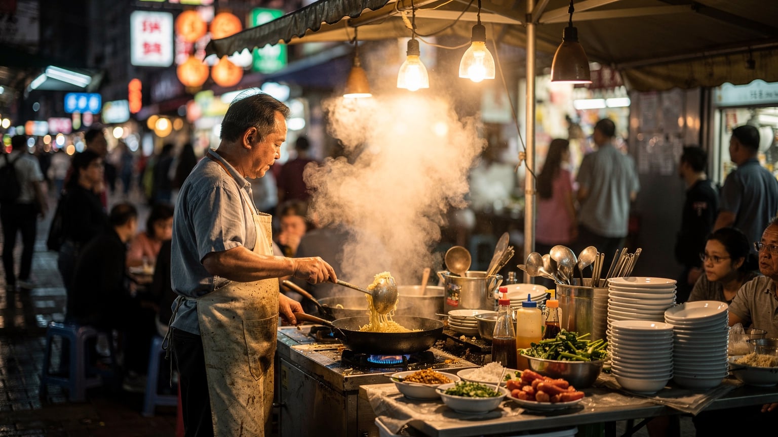 Πωλητής σε υπαίθριο μαγαζί noodles στην οδό Temple Street ετοιμάζει παραγγελία, ο ατμός ανεβαίνει και η γειτονιά ζωντανεύει το βράδυ.