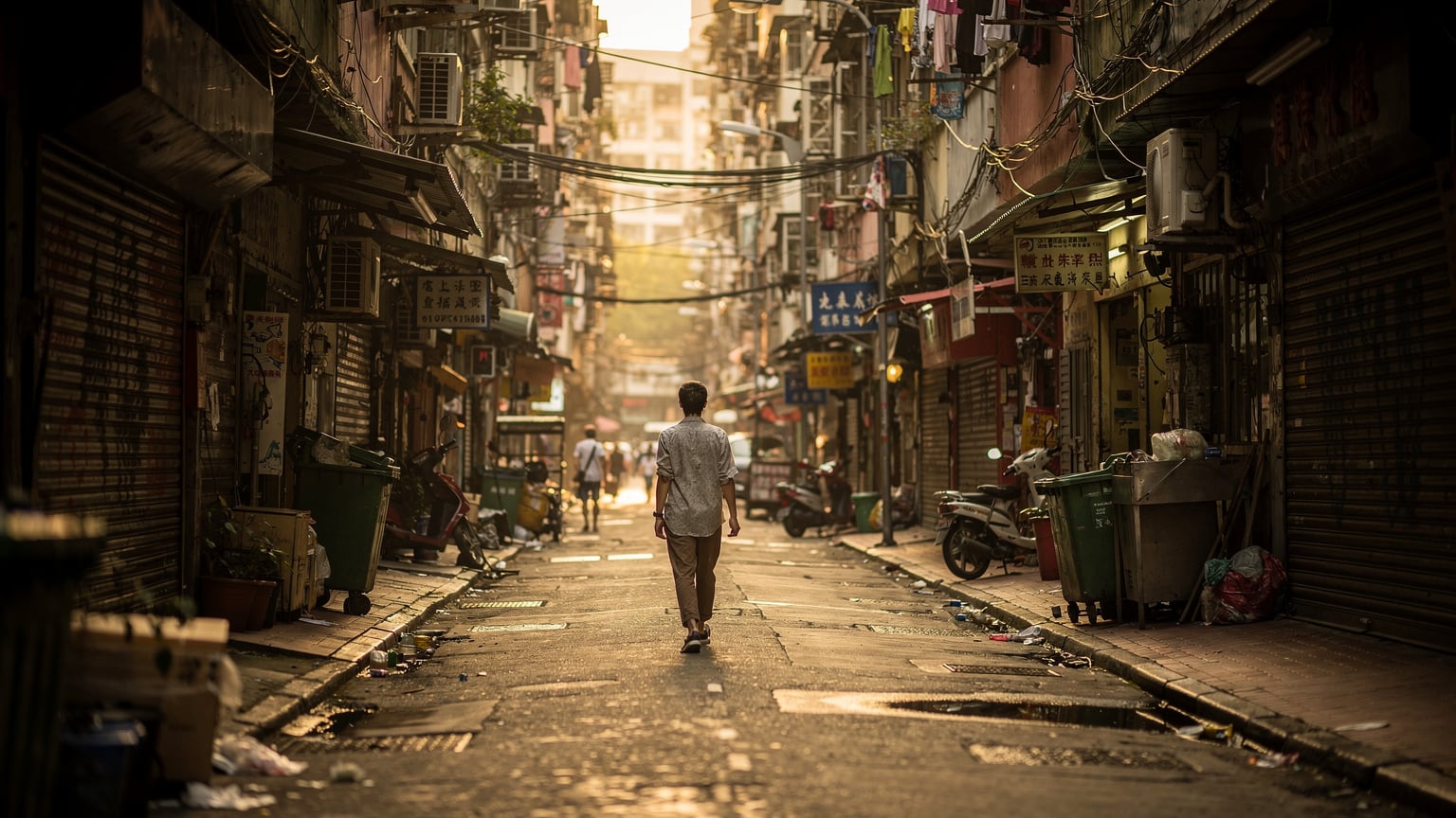 Πρωινή βόλτα στο Kowloon, ο δρόμος με τα παλιά κτήρια και τα φώτα των καταστημάτων, ένας ταξιδιώτης περπατάει με φόντο τον ουρανοξύστη.