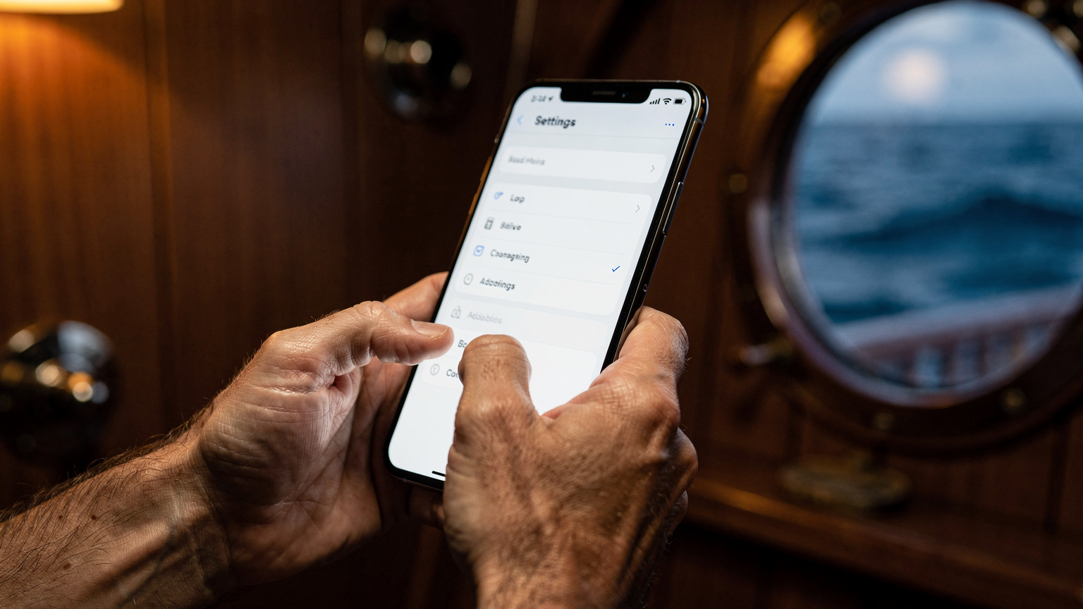 A traveler's hands are shown adjusting mobile phone settings in a dimly lit ship cabin, with a subtle reflection of the ocean visible through a porthole.
