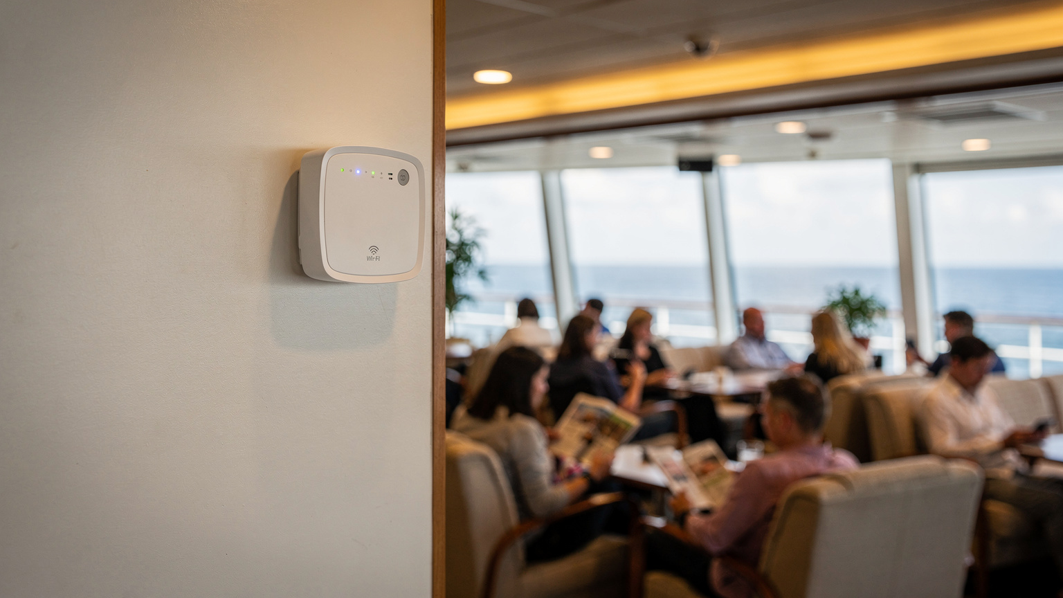A close-up of a ship's Wi-Fi access point in a public lounge, with a blurred background of passengers enjoying leisure activities, highlighting the communal and often limited nature of onboard connectivity.
