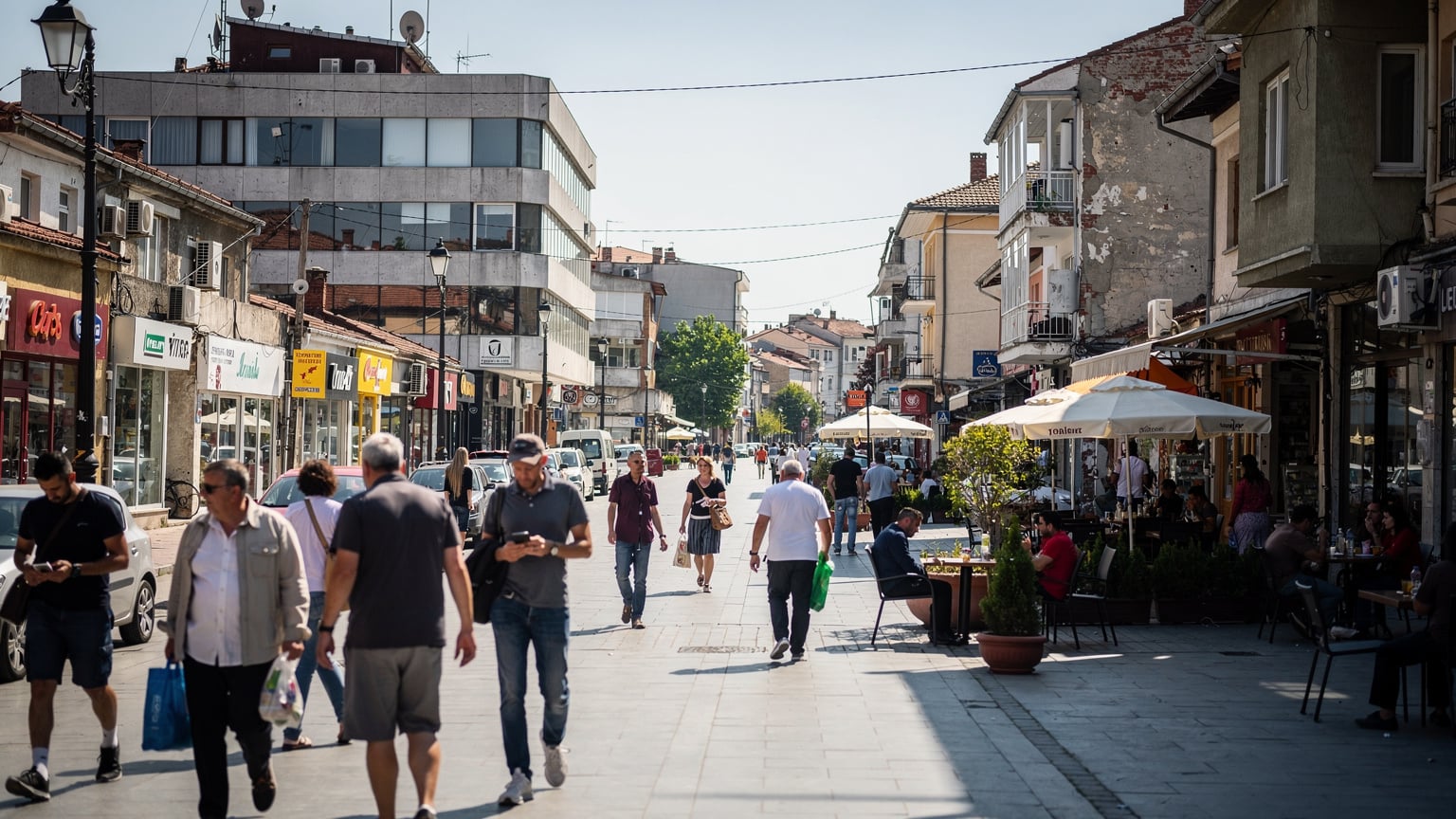 Eine belebte Straße in Pristina, Kosovo, mit einer Mischung aus modernen Gebäuden und traditionellen Geschäften, Menschen gehen ihrem Alltag nach. Das Sonnenlicht fällt schräg auf die Szene.