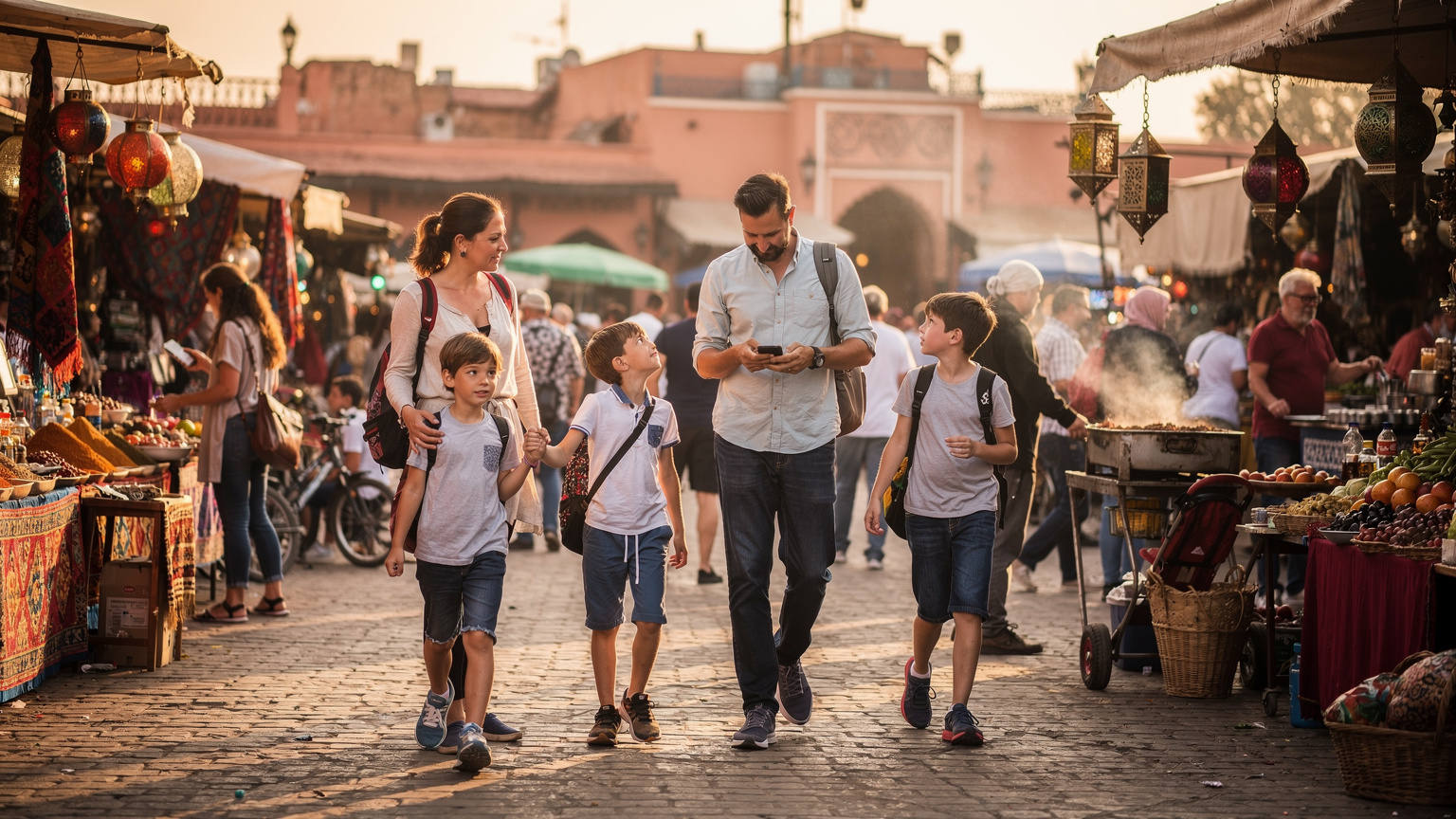 A family with two children walking through a bustling marketplace in Marrakech, Morocco, with colorful spices and textiles. One child is looking at a phone, while the other points at something in a stall, capturing a busy yet joyful travel moment.
