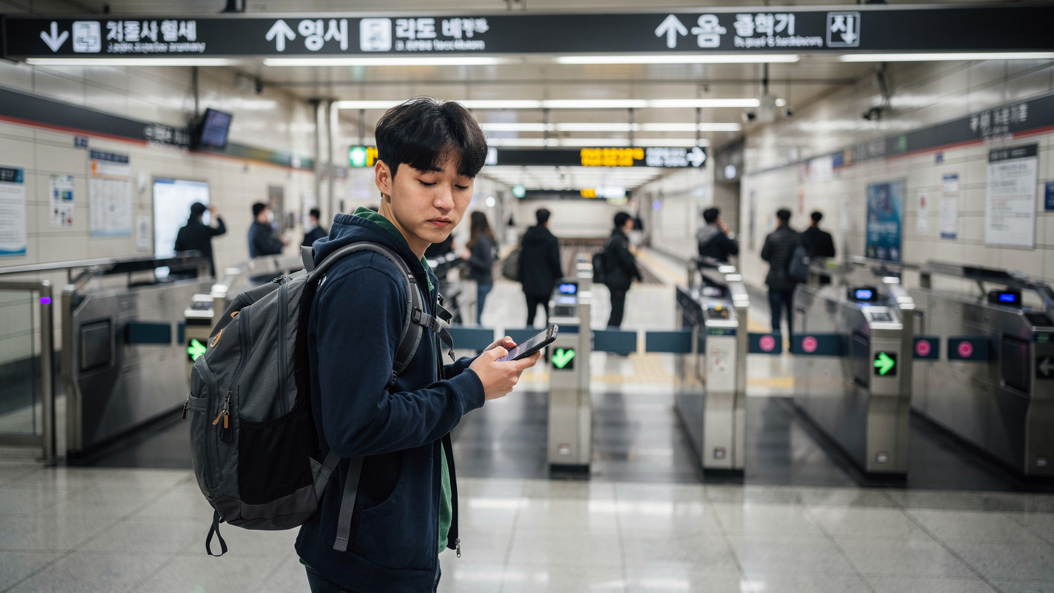 A traveler, slightly frustrated, stands at a ticket gate in a busy train station in Seoul, South Korea, looking at their phone screen with a look of concern. The station is clean and modern, with Korean signs in the background.
