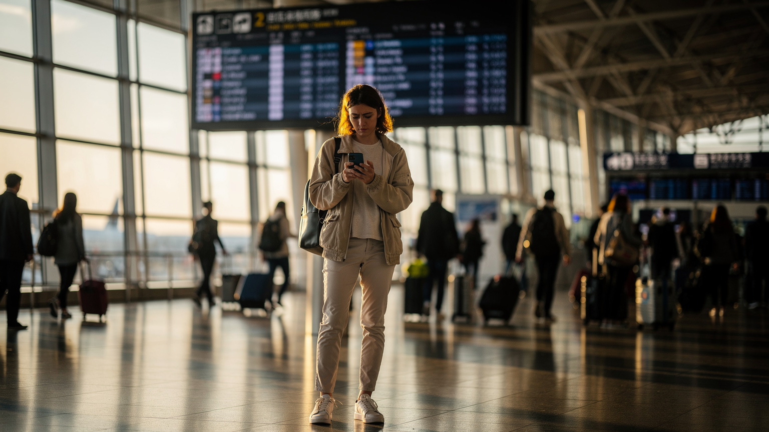 Traveler at Narita Airport looking at phone, deciding between global pass or eSIM for international roaming.