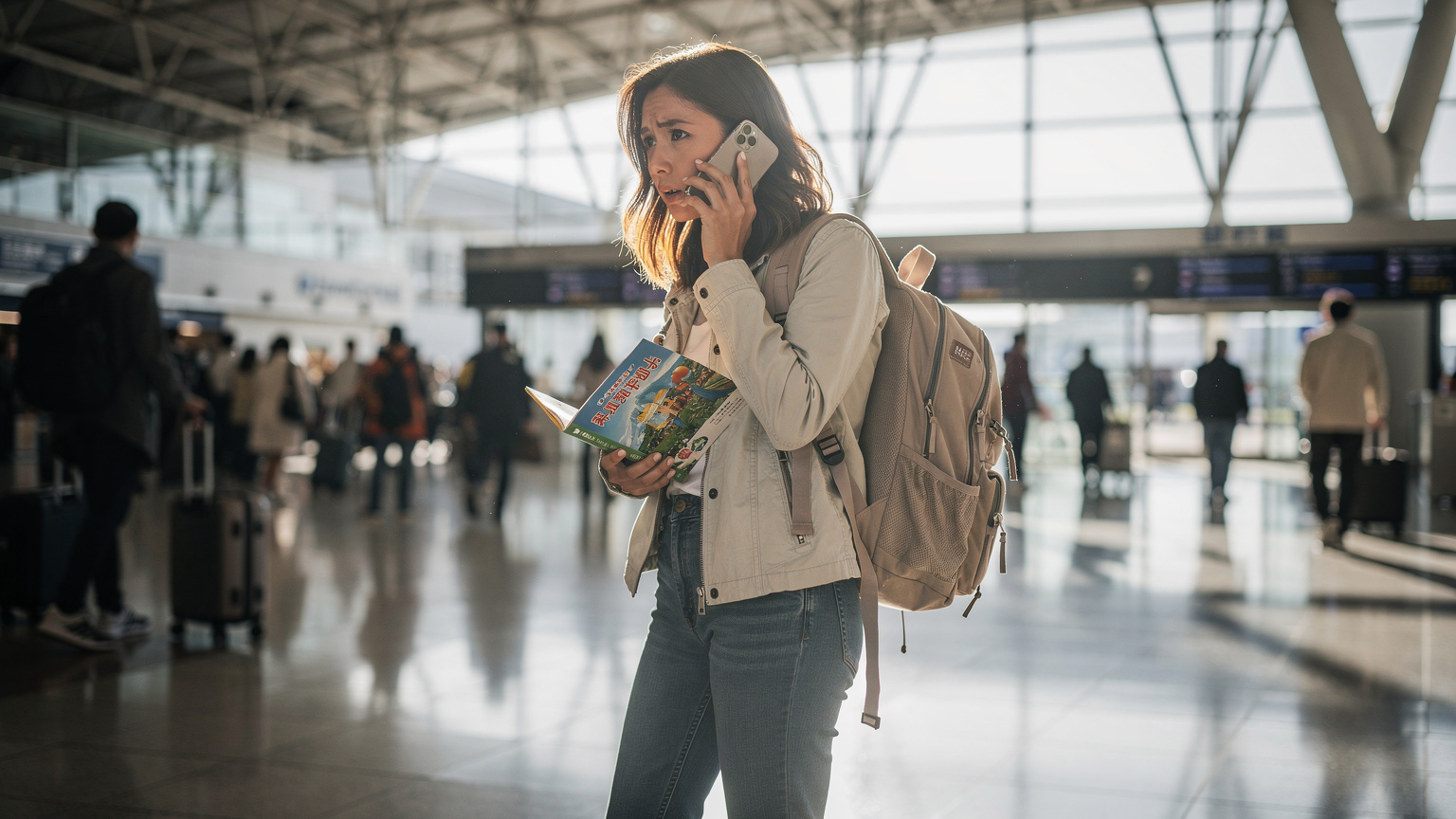 Woman in Tokyo Narita Airport checking phone, looking concerned about international roaming.