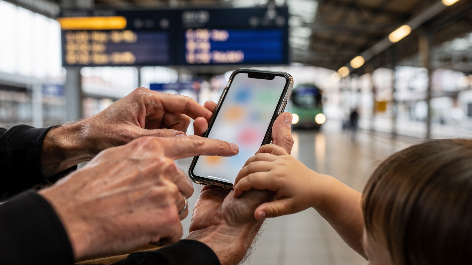 Förälder och barn på en tågstation, föräldern håller en telefon medan barnet pekar, ingen skärmtext synlig