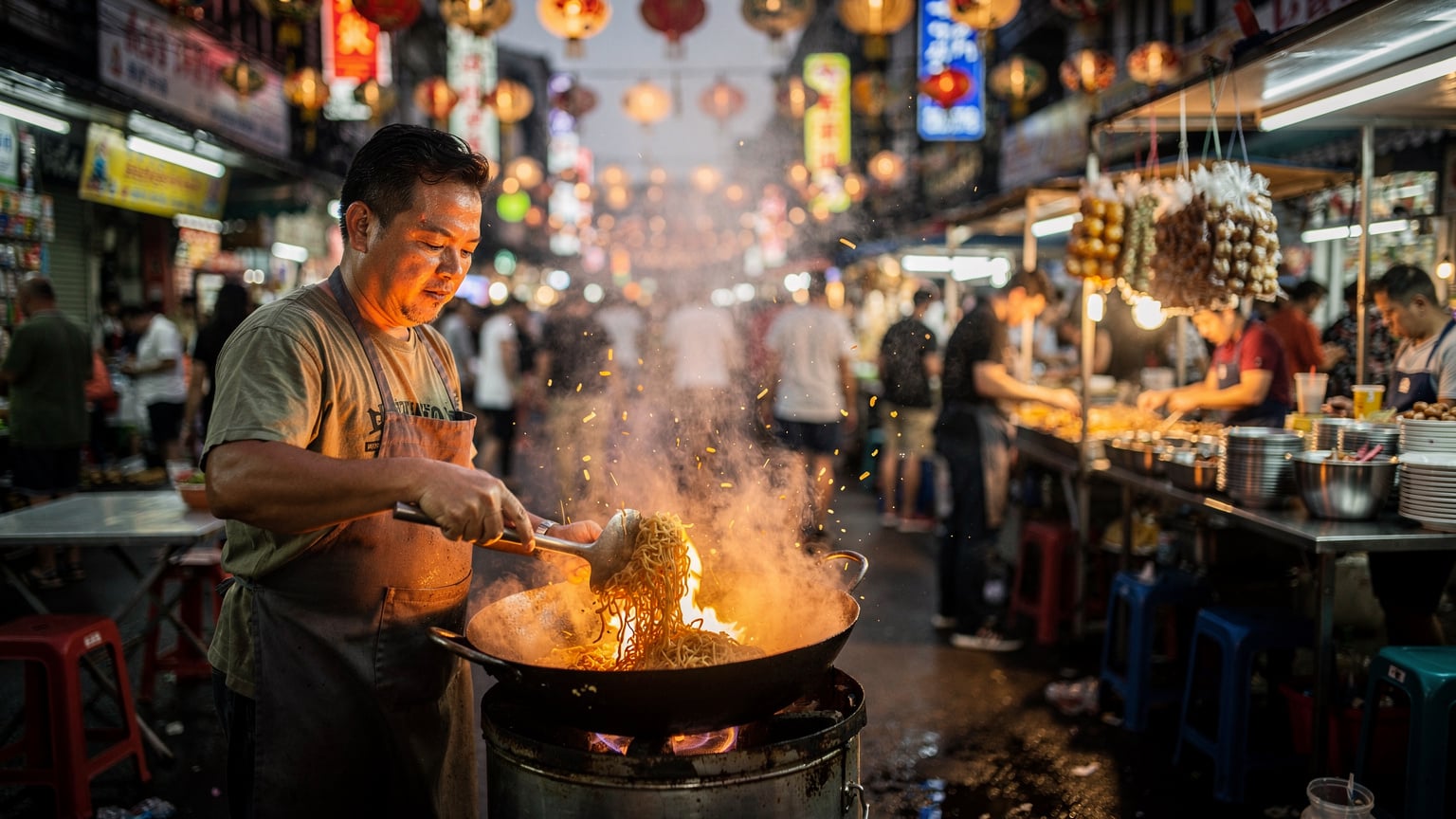 A street food vendor in Bangkok's Chinatown preparing noodles on a bustling evening.