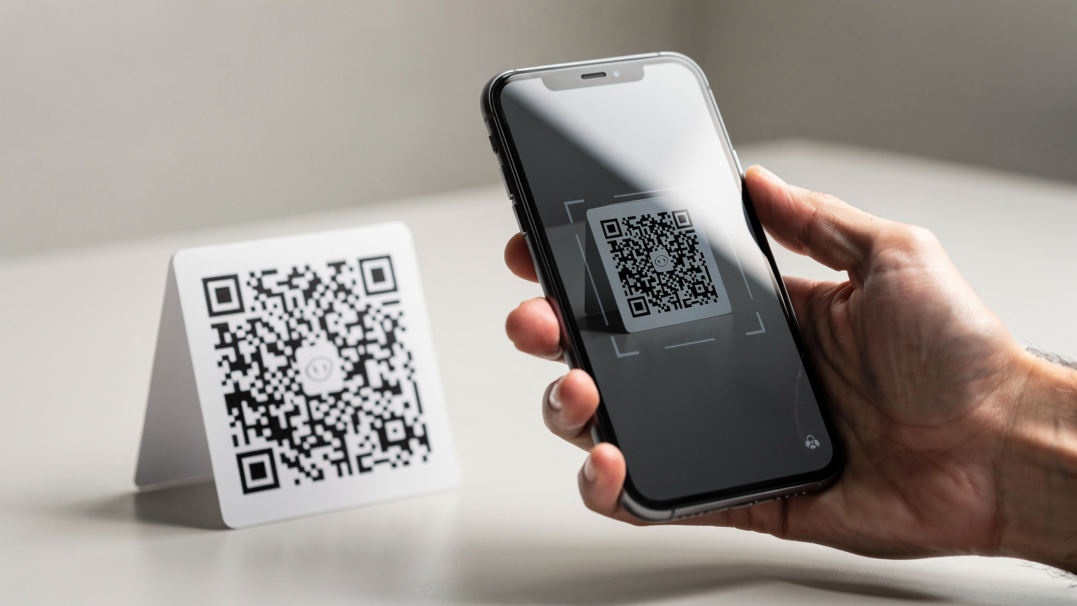 A person scanning a QR code with their smartphone to activate an eSIM, with a blurred background of a modern office or store.