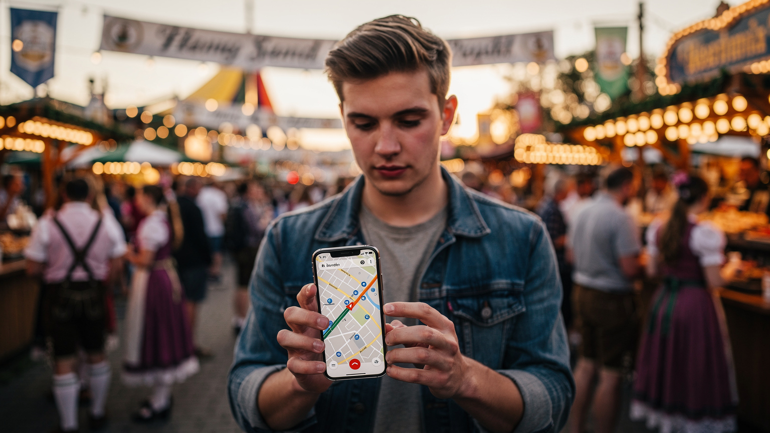 O persoană consultă o hartă digitală pe un smartphone, având pe fundal o imagine estompată a festivalului Oktoberfest, sugerând navigarea prin eveniment.