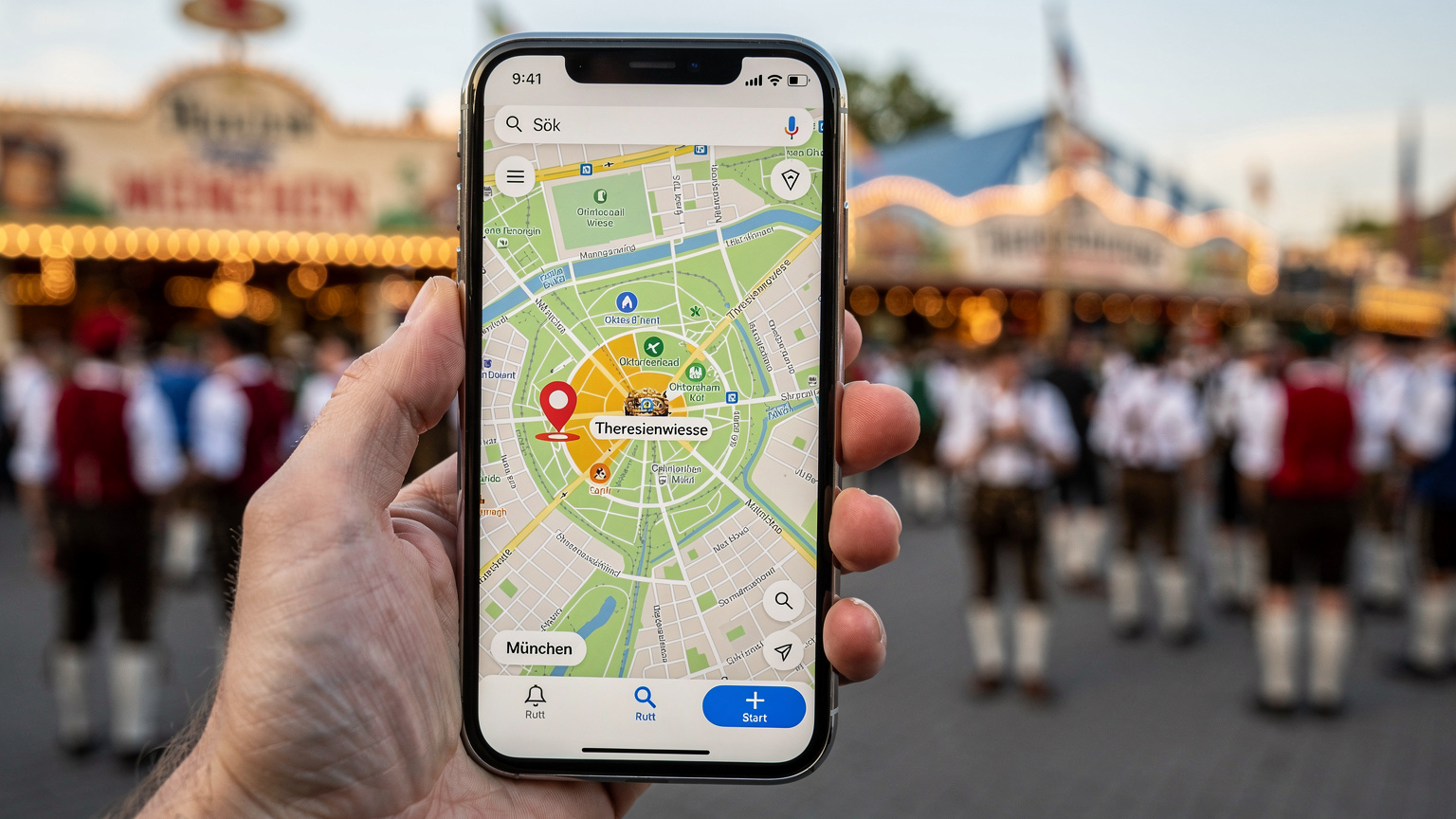En person som håller en smartphone med en karta över München och Theresienwiese, med Oktoberfest-tält i bakgrunden.