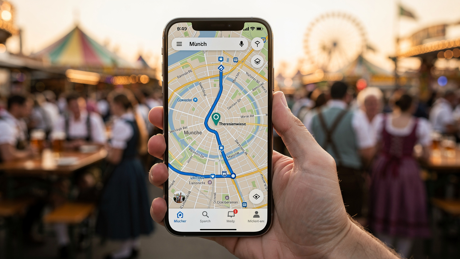 En person holder en smartphone med et kort over München og Theresienwiese åbent, mens de navigerer i en folkemængde under Oktoberfest.