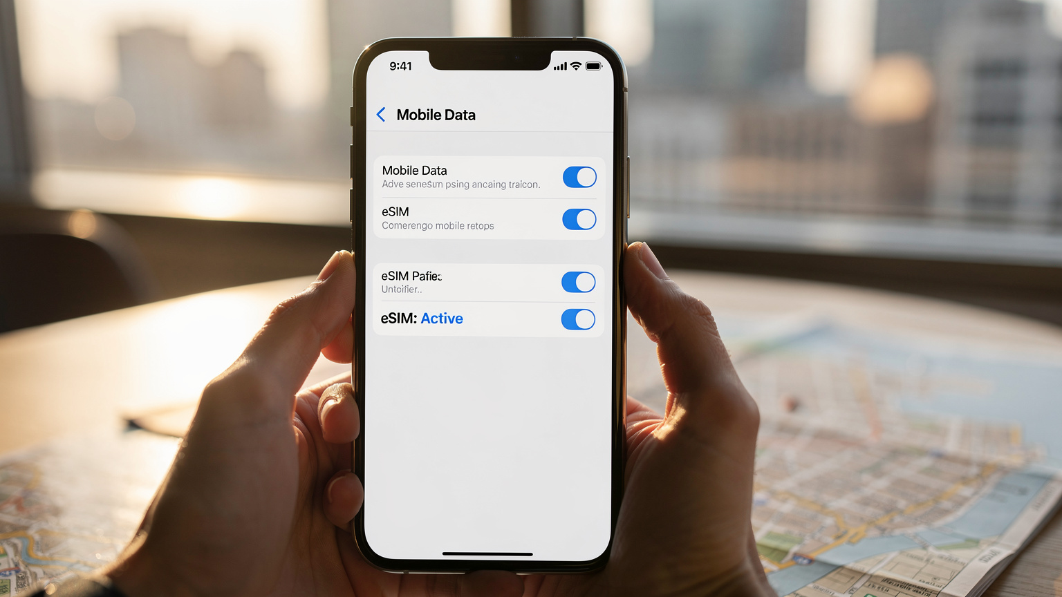 Смартфон с активным профилем eSIM, показывающий настройки мобильных данных.