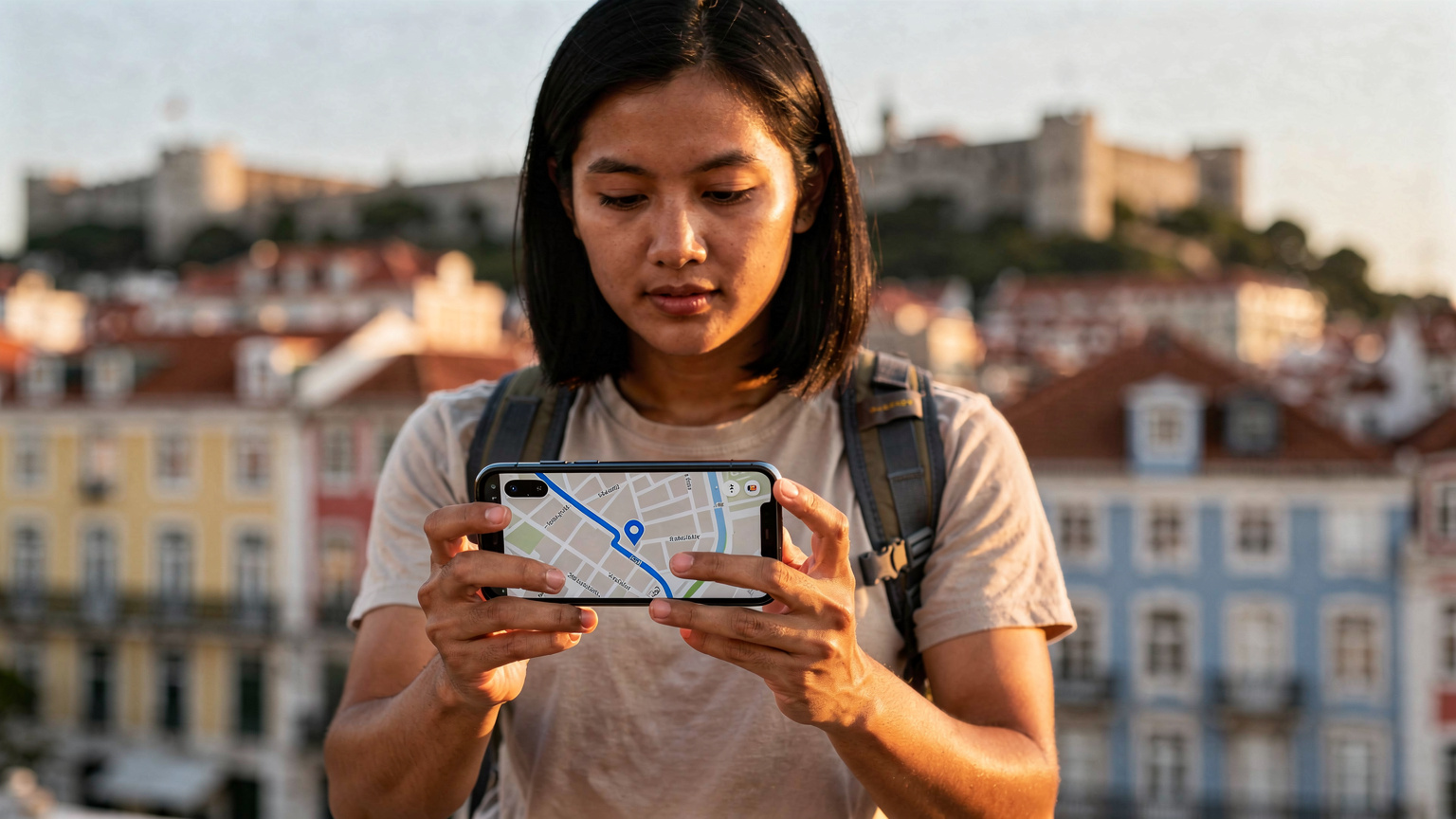 Seorang pengembara Malaysia sedang melihat peta digital Lisbon di telefon pintar mereka, dengan latar belakang mercu tanda bandar yang kabur, menunjukkan kemudahan navigasi dengan eSIM.