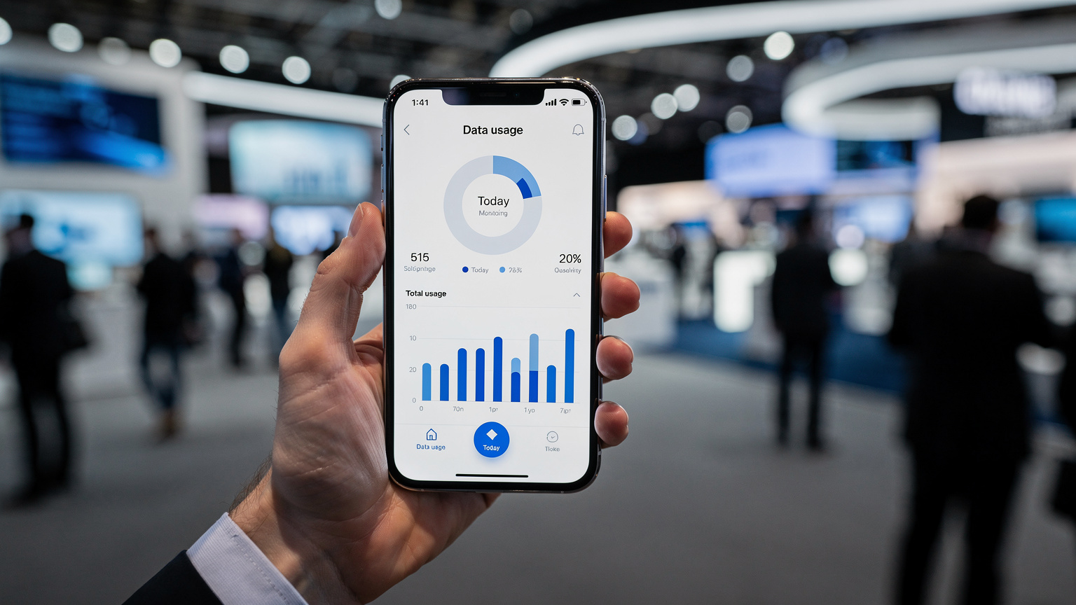 Seorang profesional sedang memeriksa penggunaan data di layar ponselnya saat berada di pameran teknologi yang ramai.
