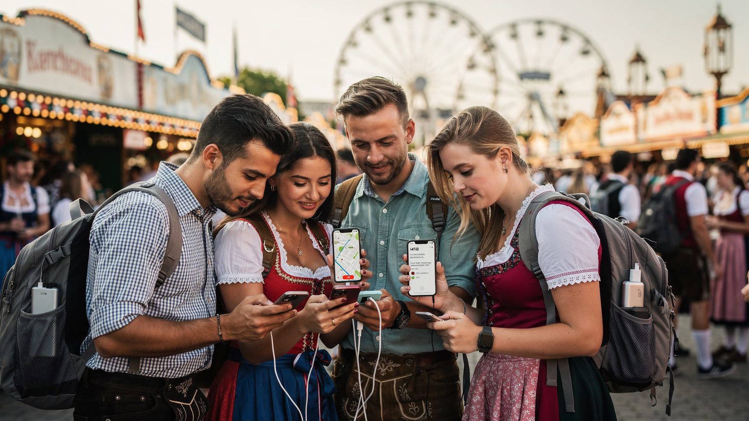 Münih Oktoberfest alanında bir grup arkadaş, telefonlarında çevrimdışı harita veya çeviri uygulaması kullanarak yön bulmaya çalışıyor.