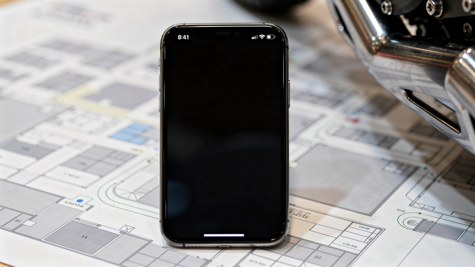 Een smartphone met een eSIM-profiel actief, liggend op een plattegrond van een beurs, met een motorfiets op de achtergrond.