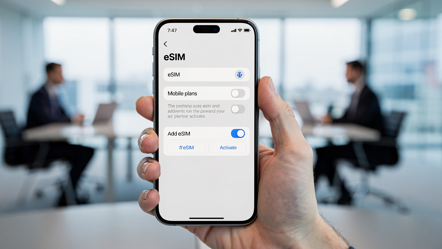Рука держит смартфон с экраном настроек eSIM на фоне современного офисного пространства.