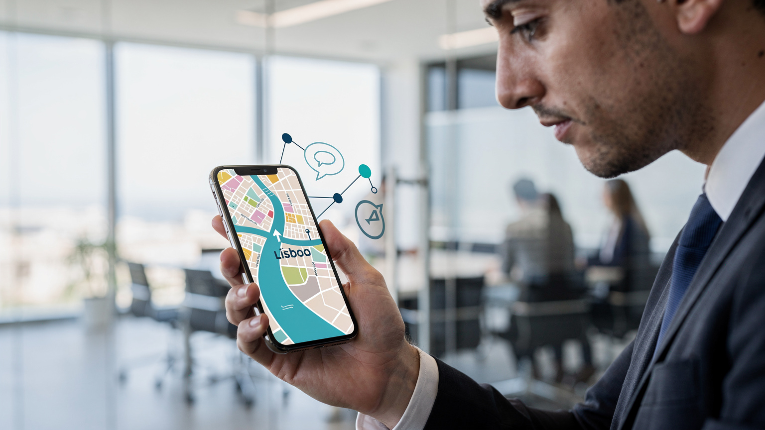 Osoba používající smartphone s mapou Lisabonu a ikonami pro networking, symbolizující efektivní využití dat na Web Summitu