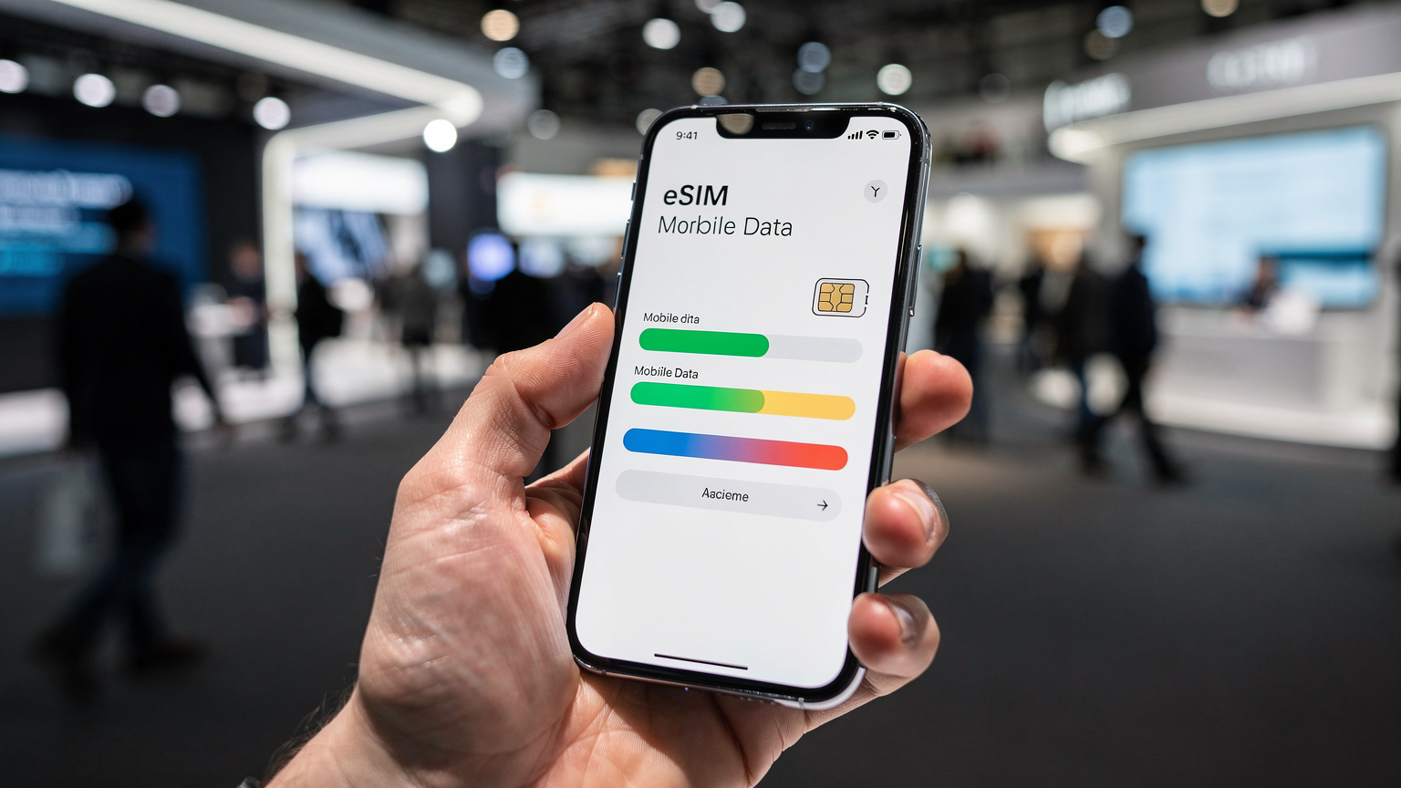 Людина тримає смартфон з інтерфейсом eSIM, що показує активний план даних, на фоні розмитого виставкового центру