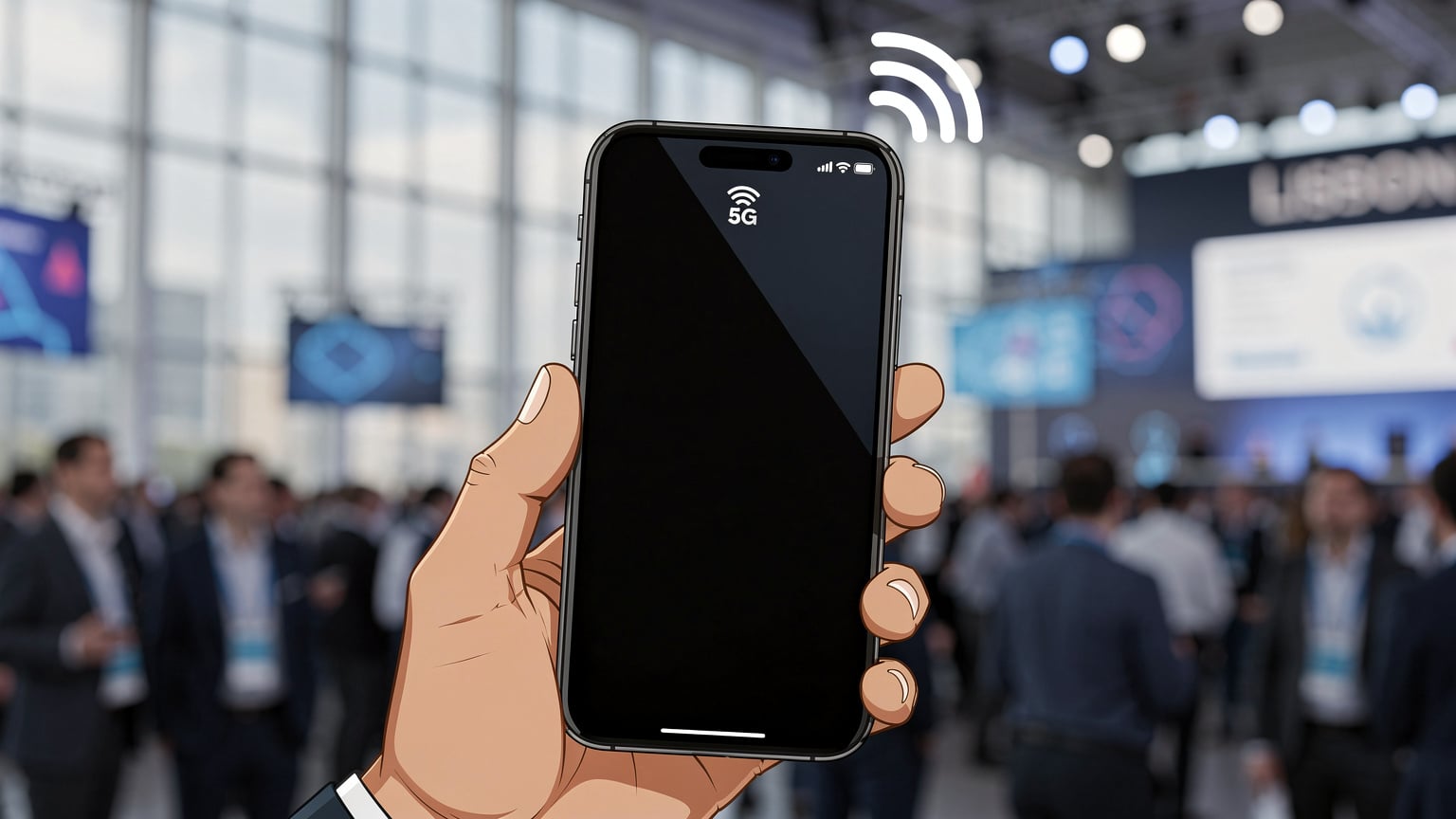 Επαγγελματίας που χρησιμοποιεί smartphone με φόντο το Web Summit στη Λισαβόνα.