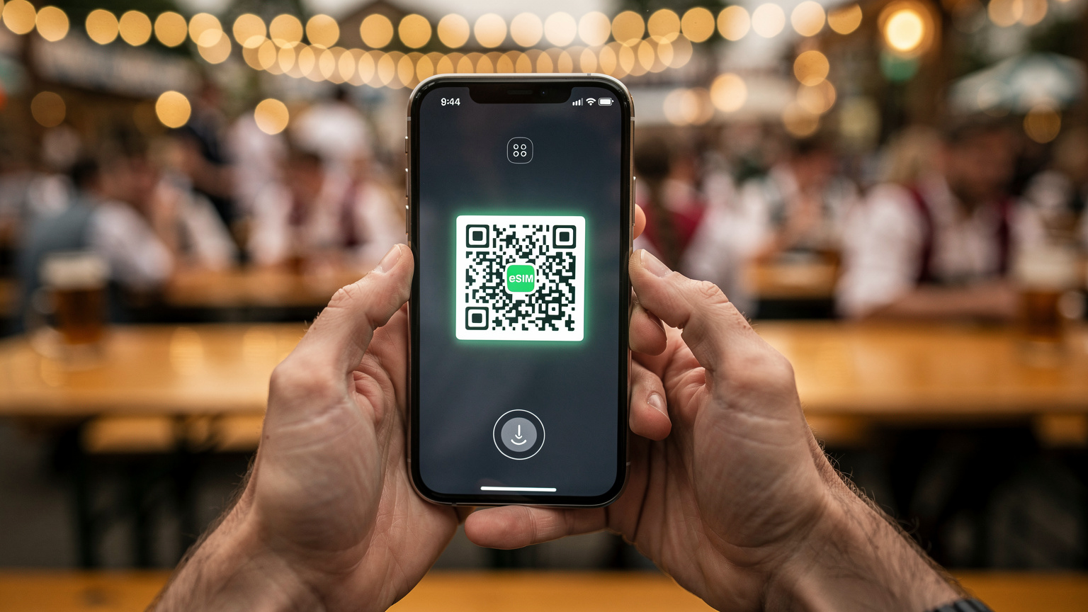 एक व्यक्ति अपने स्मार्टफोन पर eSIM QR कोड स्कैन कर रहा है, जो ओकtoberfest के लिए कनेक्टिविटी की तैयारी कर रहा है।