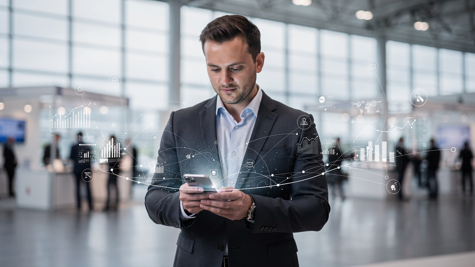 Seorang profesional menggunakan telefon pintar di hadapan paparan digital yang menunjukkan data dan graf, melambangkan sambungan perniagaan di acara teknologi.