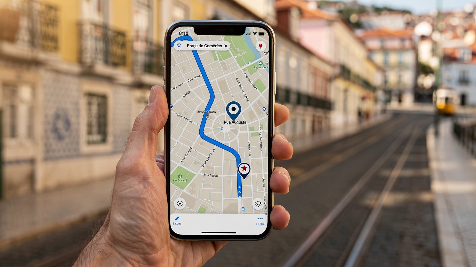 A close-up of a hand holding a smartphone displaying a map application, with a blurred background of Lisbon's streets, illustrating navigation during Web Summit.