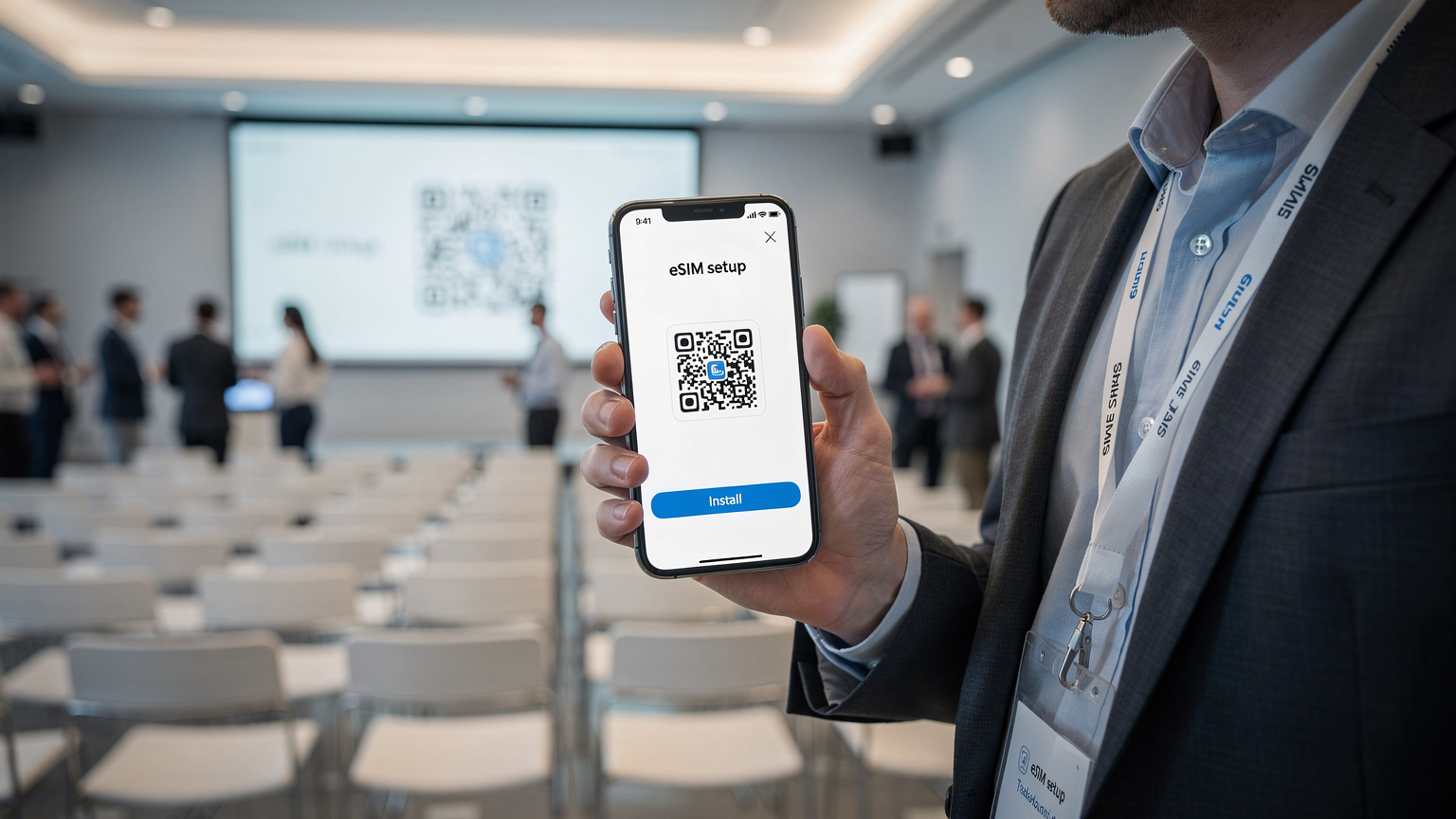 En person tjekker sin smartphone for at se en eSIM-installationsproces med en QR-kode på skærmen, i en moderne konferenceindstilling.
