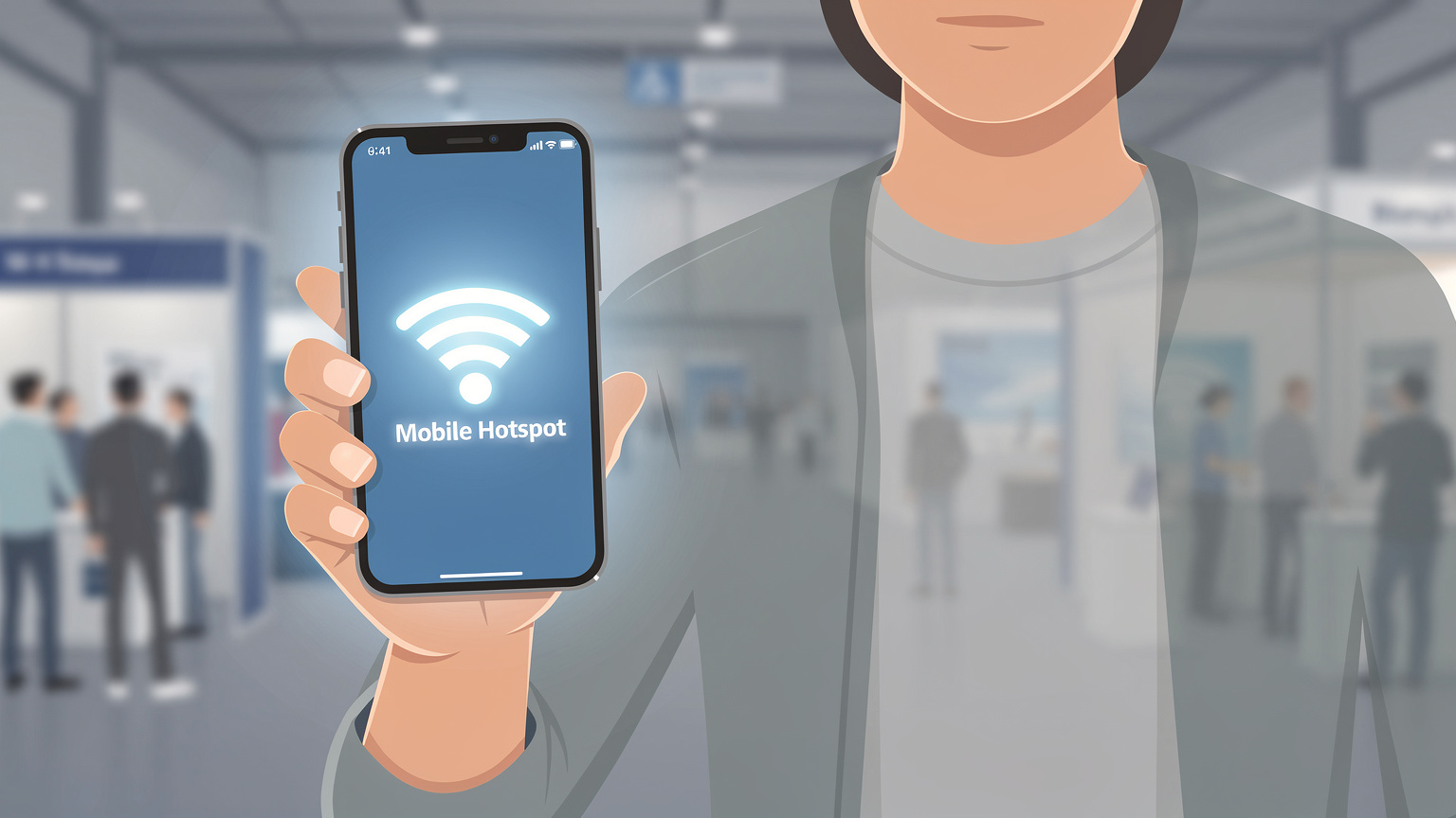 Uma pessoa a usar um smartphone como hotspot, com o ecrã a mostrar o ícone de partilha de internet, num ambiente de feira.