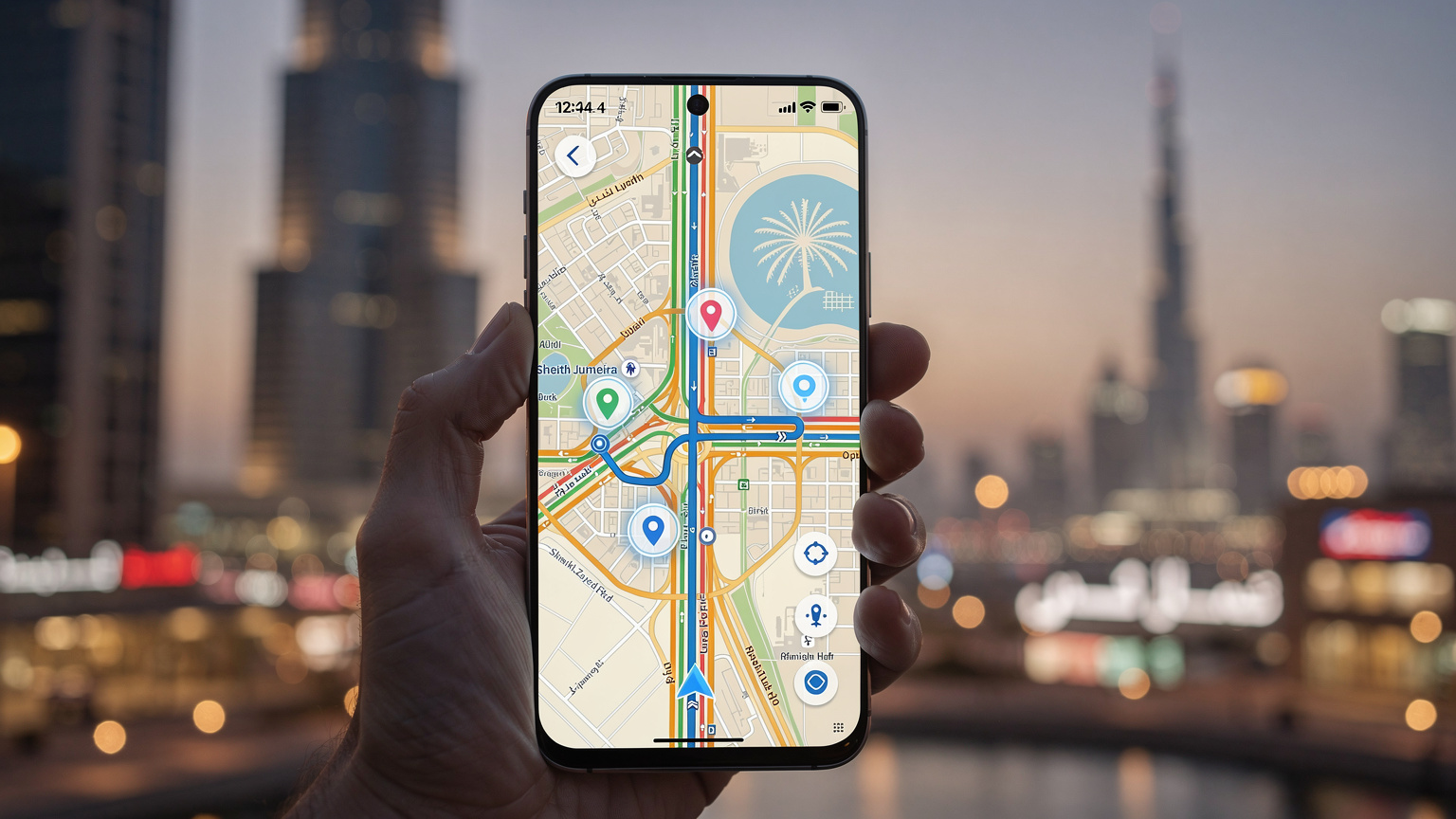 Um mapa digital de Dubai com marcadores de localização e rotas, visto em uma tela de smartphone, simbolizando a navegação e a conectividade em uma cidade estrangeira.