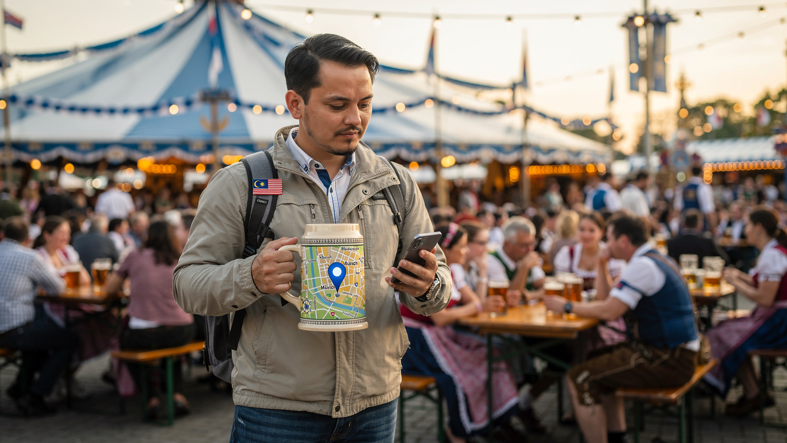 Seorang pengembara Malaysia sedang melihat telefon pintar dengan peta Munich di skrin, sambil memegang cawan bir di Oktoberfest.