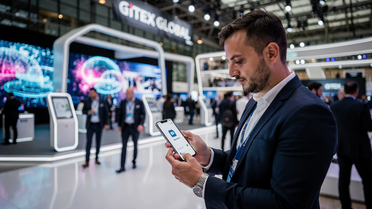 Slovenský technologický profesionál používa smartfón s eSIM na výstavisku GITEX GLOBAL v Dubaji.