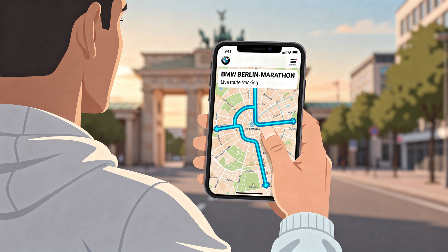 En person holder en smartphone med et kort over Berlin, der viser ruten for BMW BERLIN-MARATHON, med Brandenburger Tor i baggrunden.