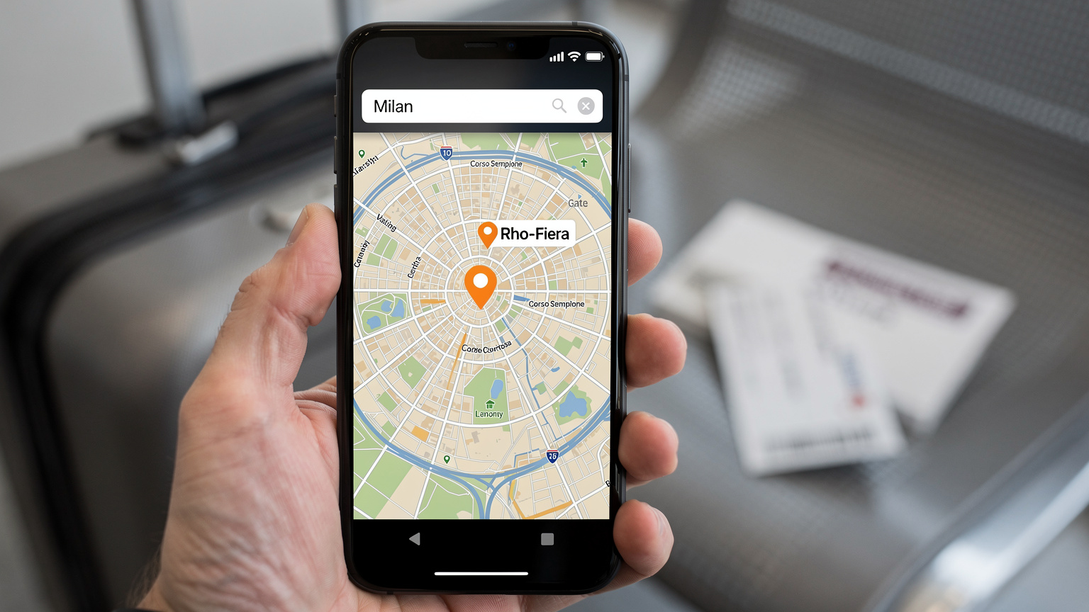 Smartfon wyświetlający mapę Mediolanu w trybie offline, z zaznaczoną lokalizacją targów EICMA